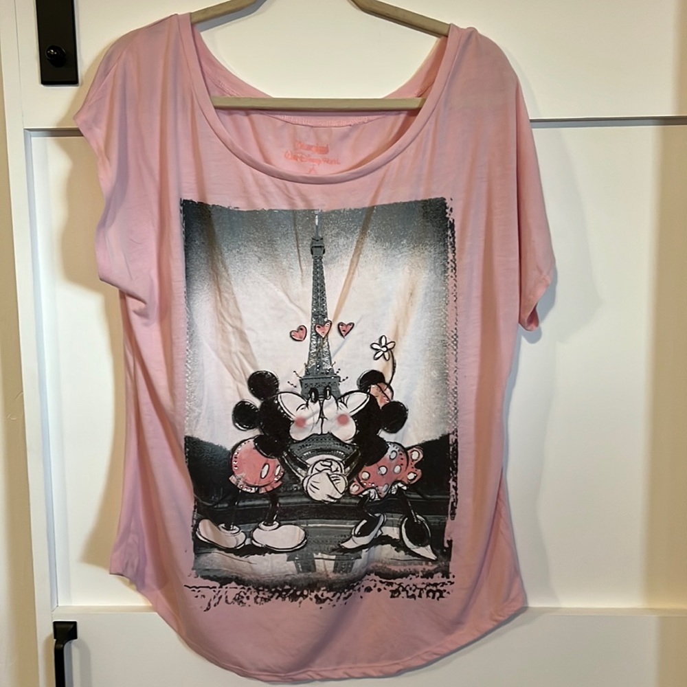 Disney Pink Minnie/Mickey Kissing by Eiffel Tower. Off Shoulder Shirt. Size XL
